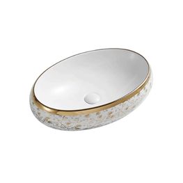 Lavamanos Floral Blanco y Dorado Bowl Redondo 600x400 mm