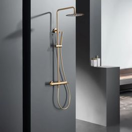 Sistema Ducha Slim Oro Cepillado Con Barra, Manguera y Teleducha