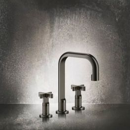 Mezcladora de Lavamanos Inciso Bronce Bimando Caño Alto Manija Cruz sin Desagüe