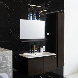 Mueble Baño New York Café Oscuro 80x46x42 cm Con Lavamanos Resina, Espejo y Gabinete