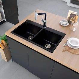 Lavatrastos Turin 2 Fosas Empotrar Cuarzo/PMMA Negro 86x48x20 cm