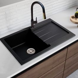 Lavatrastos Nápoles 1 Fosa Izquierda Ala Derecha Empotrar Cuarzo/PMMA Negro 80x50x20 cm